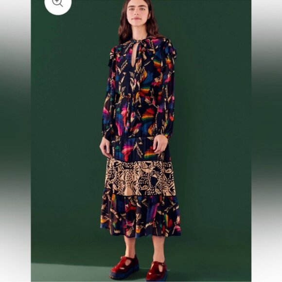 FARM Rio Dresses & Skirts - Farm Rio Black Macaws Flight Maxi Dress Tie Neck Leopard Tiered Animal Print XS